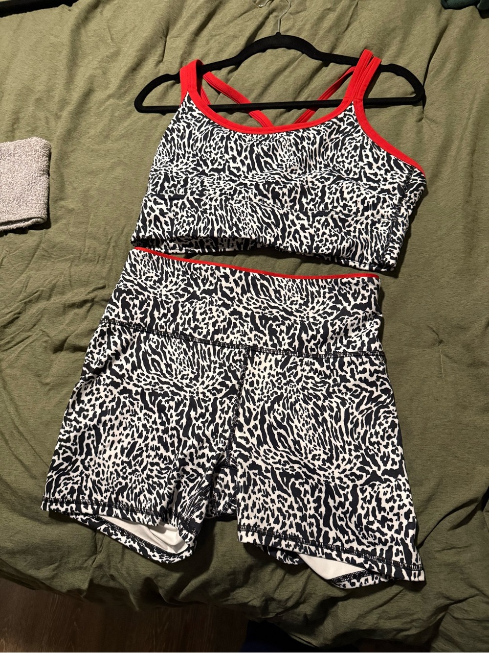Fabletics Black & White Animal Print Sports Bra and Shorts with Red Trim